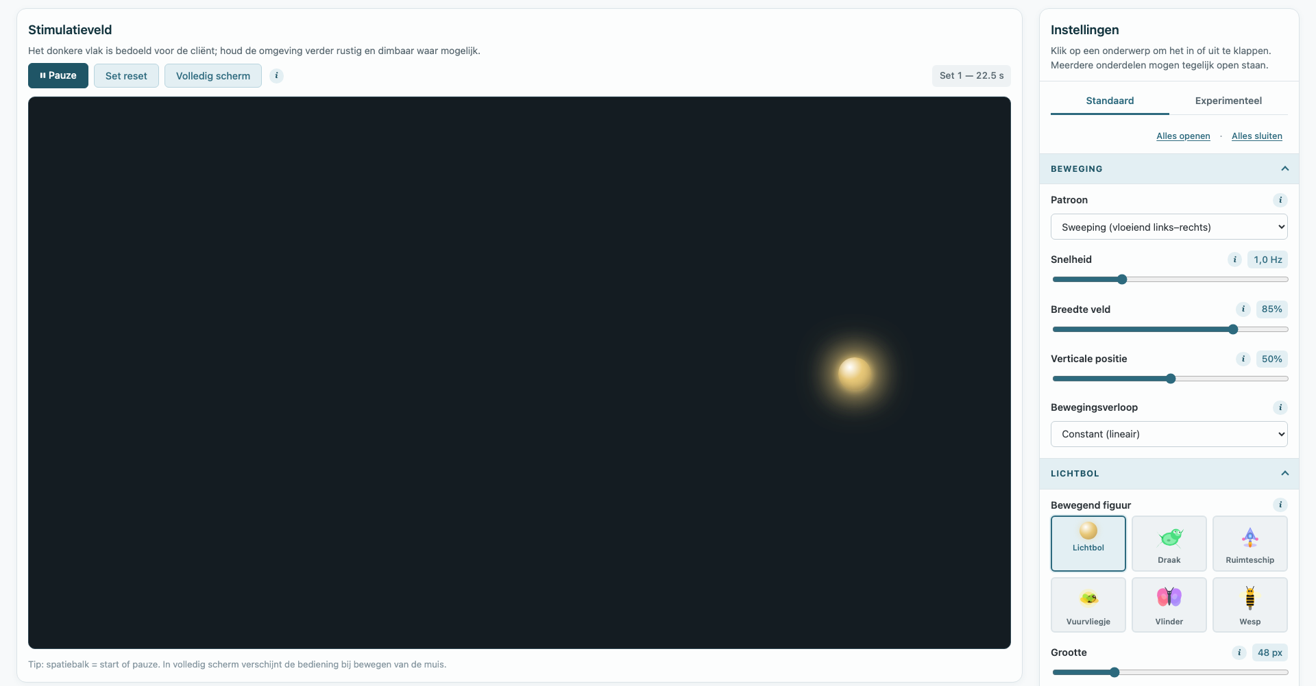 Screenshot van het EMDR stimulatieveld